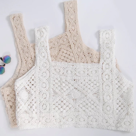CLEARANCE White Bohemian Crochet Cropped Summer Boho Casual Tank Top - Picture 3 of 7